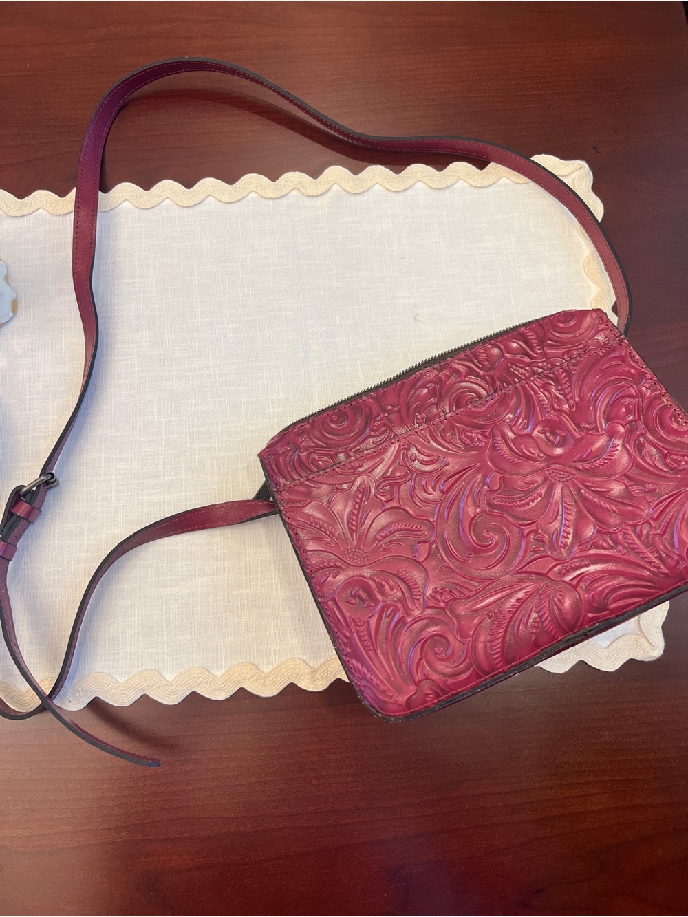 Patricia Nash Embossed/ Tooled leather crossbody purse red, rose berry